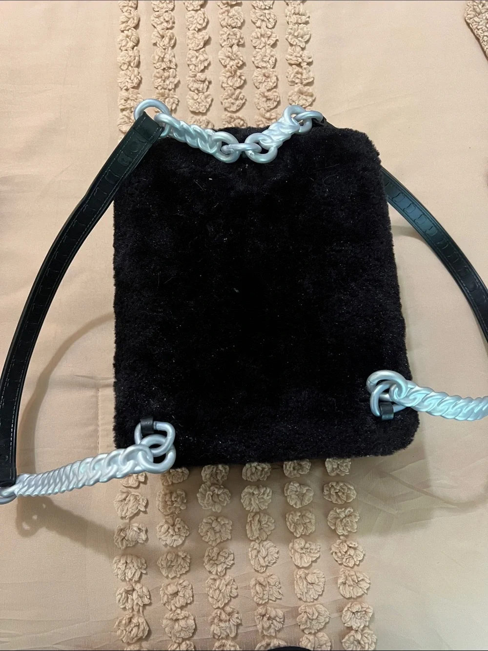 Black Plush Cat Crossbody Bag with Green Eyes -